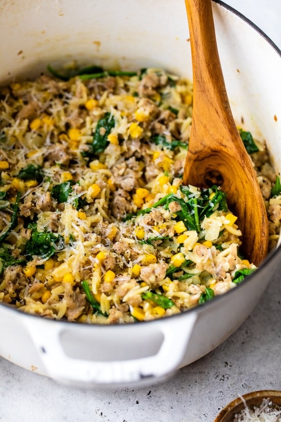 One-Pot Orzo with Sausage, Spinach and Corn One-Pot Orzo with Sausage, Spinach and Corn