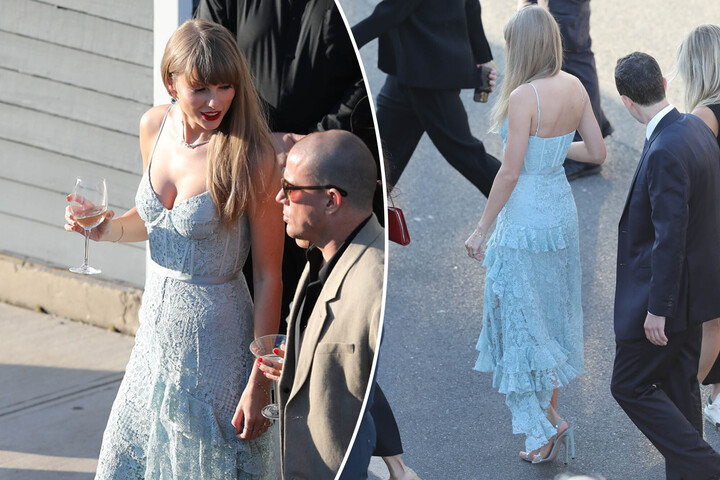 Taylor Swift wears blue corset costume at Jack Antonoff’s wedding ceremony to Margaret Qualley