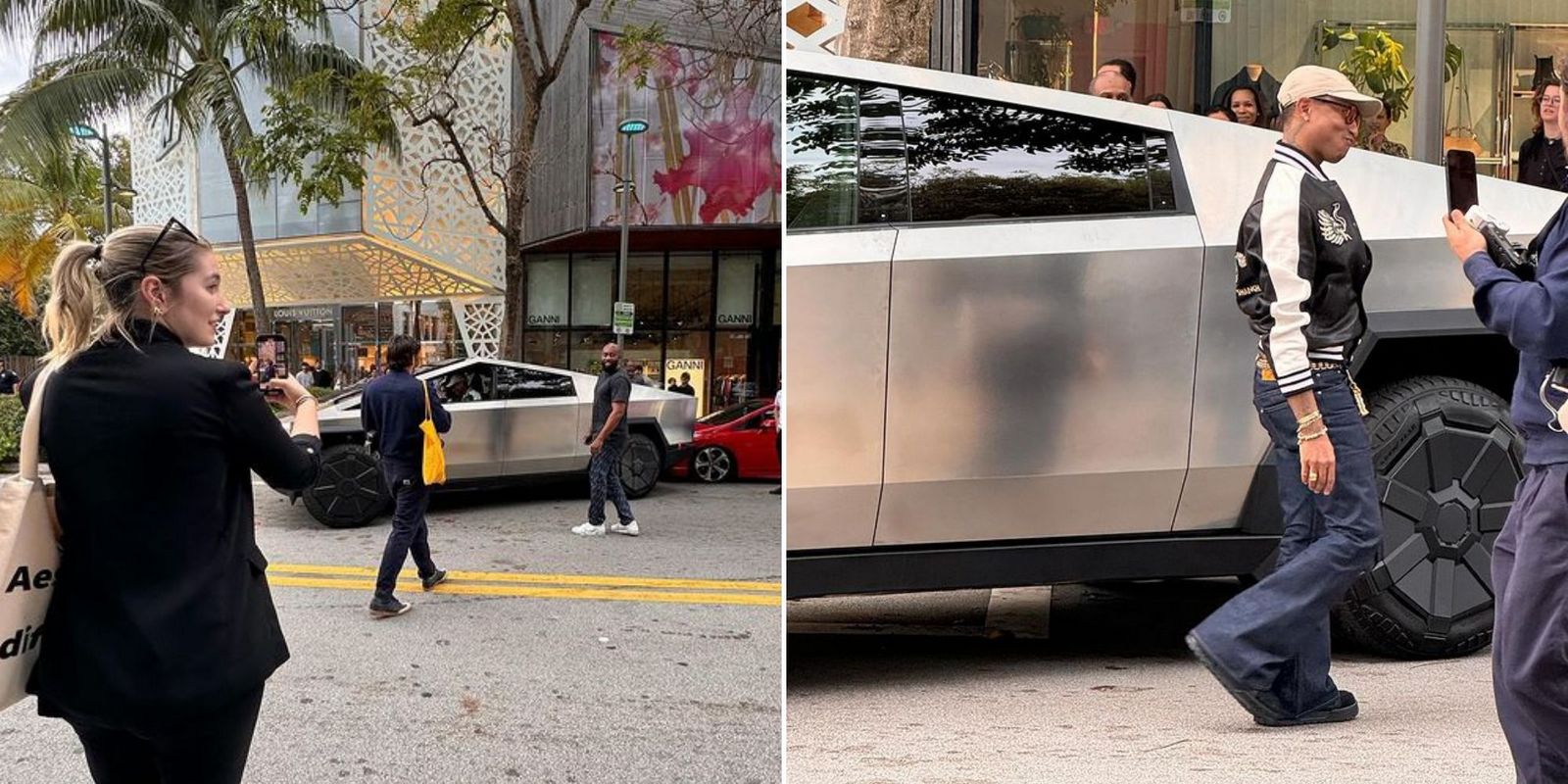 Passersby appeared with amazement as Pharrell Williams struggled to park his new Tesla Cybertruck exterior a Louis Vuitton retailer in Miami.