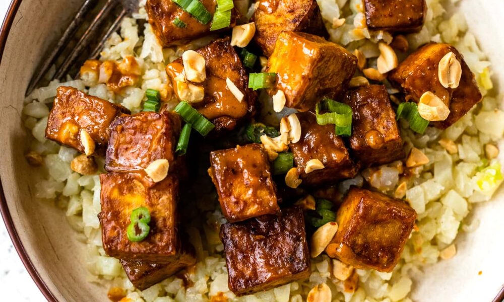 Air Fryer Peanut Curry Tofu with Gingery Cauliflower Rice