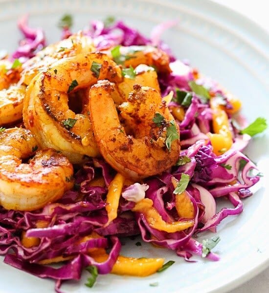 Turmeric-Garlic Shrimp with Cabbage-Mango Slaw