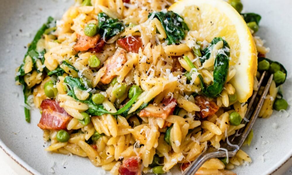 Orzo with Bacon, Leeks, Peas, Spinach and Lemon