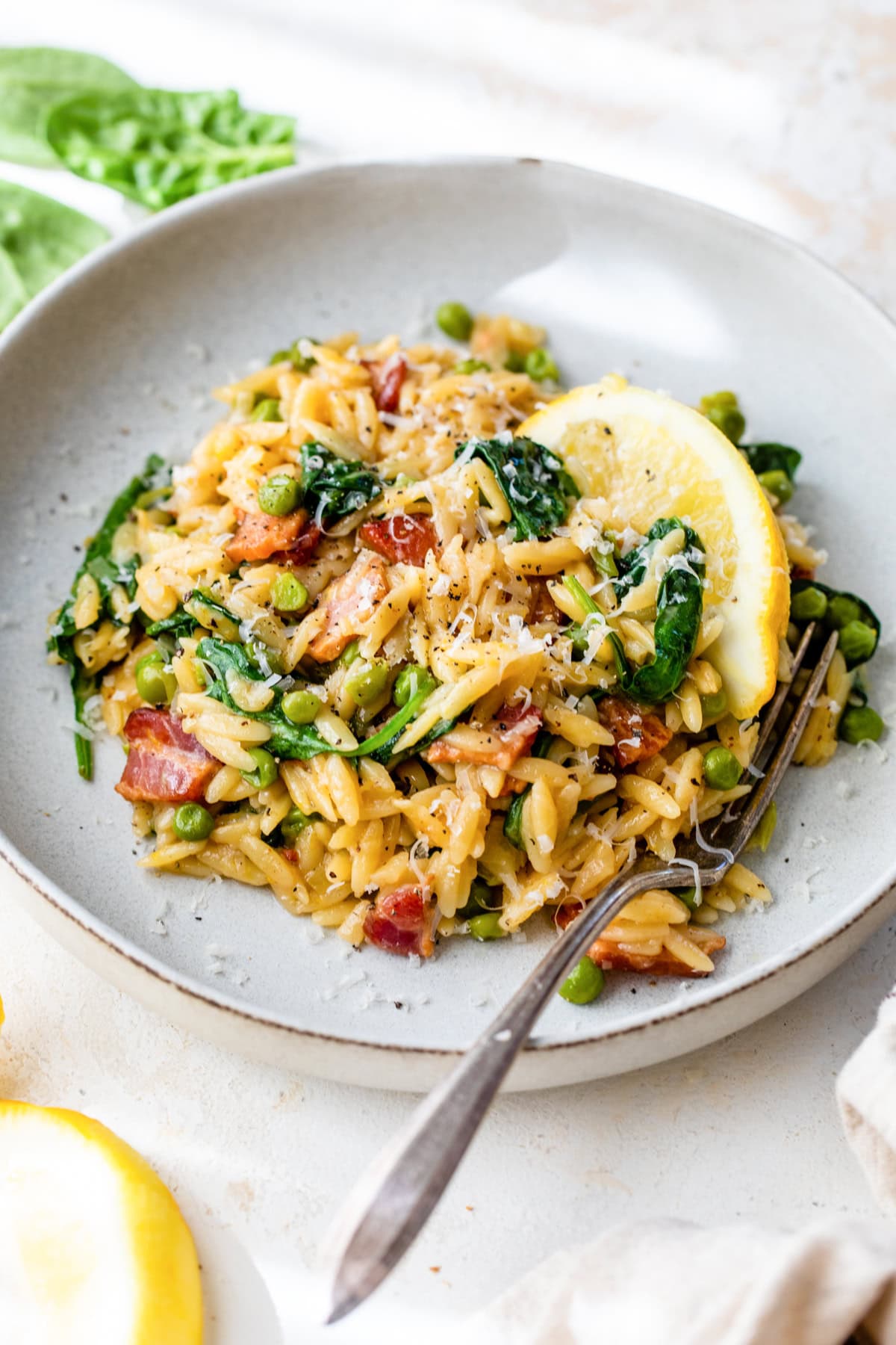 Orzo with Bacon, Leeks, Peas, Spinach and Lemon Orzo with Bacon, Leeks, Peas, Spinach and Lemon