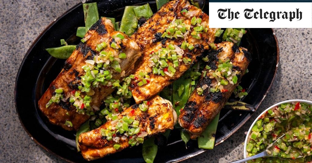 Barbecued huss with runner beans recipe Barbecued huss with runner beans recipe