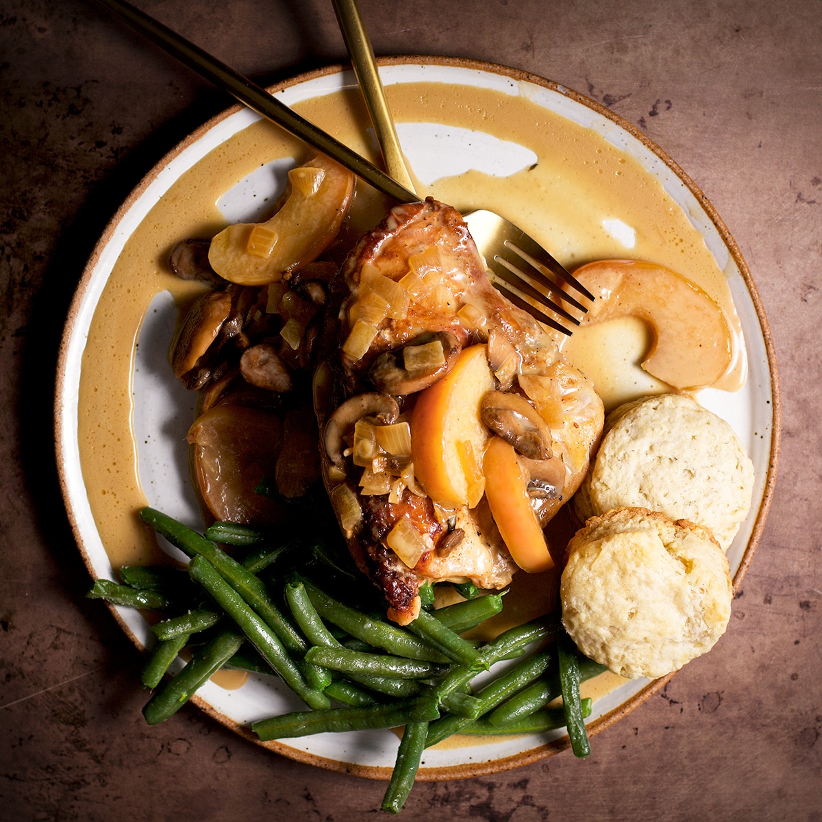 Rooster and Apples with Mushrooms in Cider Cream Sauce