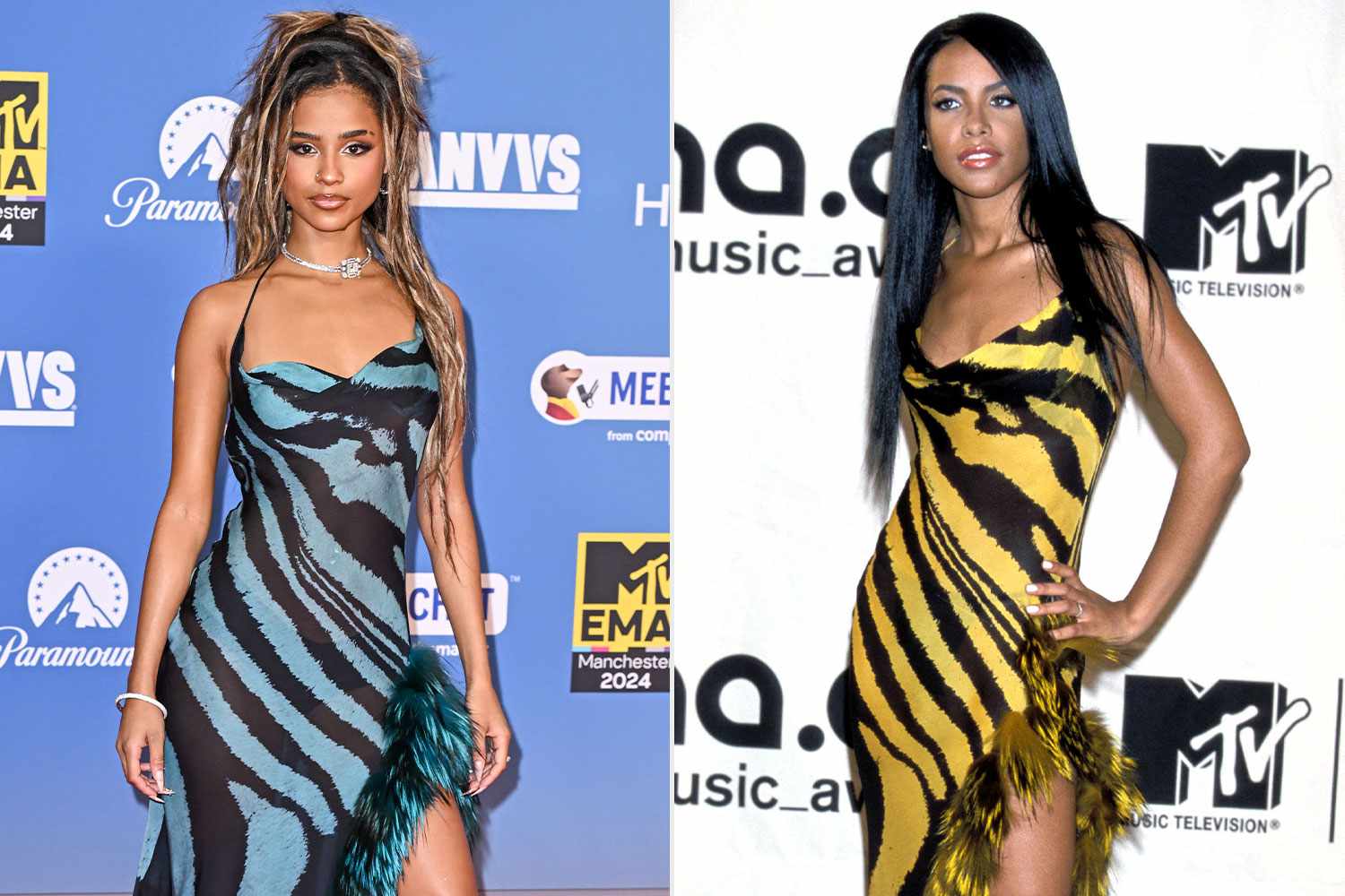 Tyla Wears Blue Model of Aaliyah’s Animal Print Costume from the 2000 MTV VMAs Tyla Wears Blue Model of Aaliyah’s Animal Print Costume from the 2000 MTV VMAs