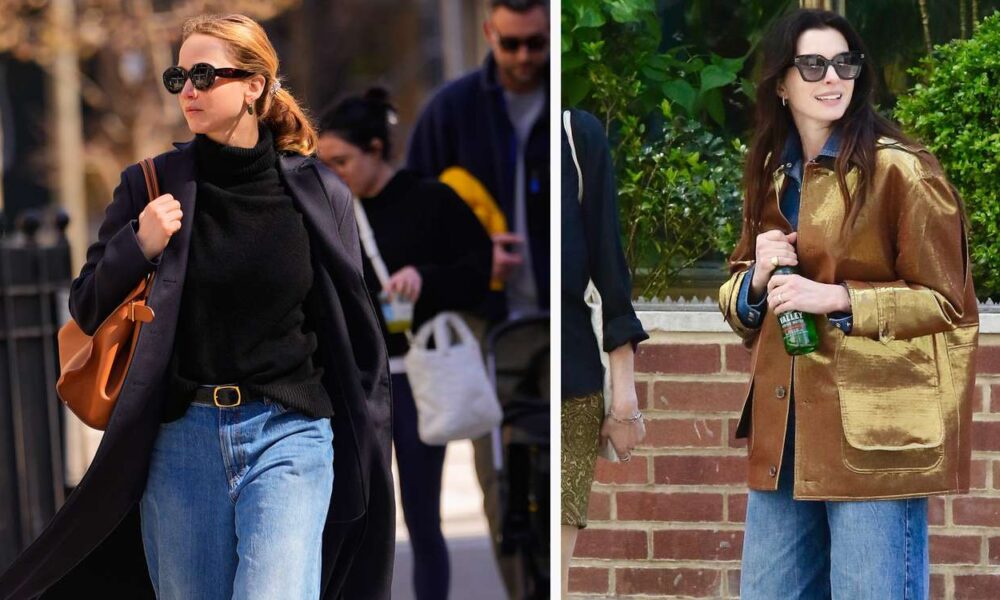 Anne Hathaway Wore Vast-Leg Denims and Adidas Sneakers