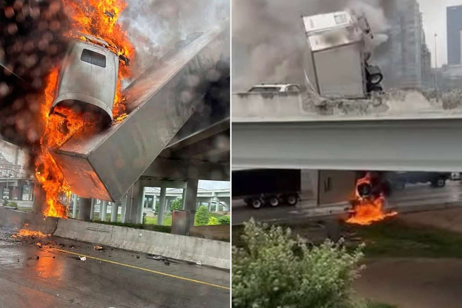 Driver Jumps 20 Ft from Burning Truck Earlier than It Plunges Off Overpass