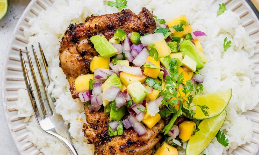 Grilled Jerk Hen with Mango Avocado Salsa