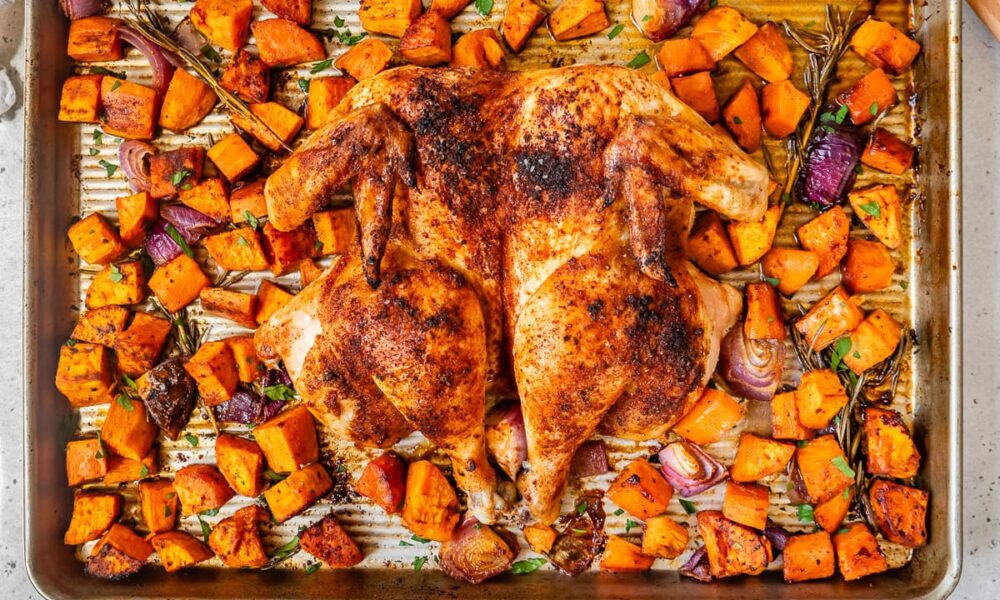Spatchcock Hen with Candy Potatoes (Sheet Pan Dinner)