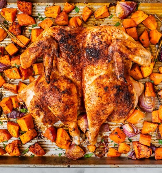 Spatchcock Hen with Candy Potatoes (Sheet Pan Dinner)