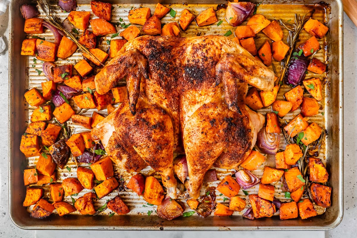 Spatchcock Hen with Candy Potatoes (Sheet Pan Dinner) Spatchcock Hen with Candy Potatoes (Sheet Pan Dinner)